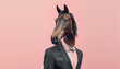 Stylish horse in a business suit looking away on a pink background, animal, creative concept