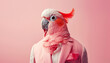 Stylish parrot bird in a suit looking at the camera on a pink background, animal, creative concept