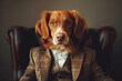 Portrait of stylish elegant dog in business suit sitting in armchair and looking at the camera
