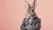 Cute funny bunny in a suit looking at the camera on pink background, animal, creative concept