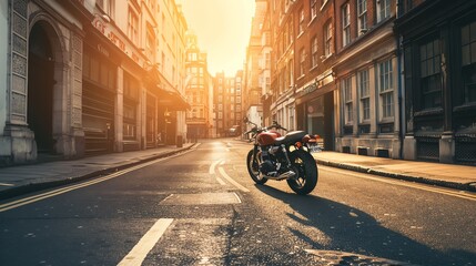 Canvas Print - A motorcycle parked on a narrow street in a city. The sun is shining down the street and there are buildings on either side of the street.