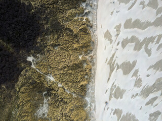 Aerial top down of sand dunes in IJmuiden beach and North Sea in North Holland