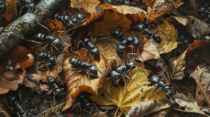 Aufkleber - A group of ants foraging for food amidst fallen leaves on the forest floor, each one diligently contributing to the collective effort.