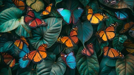 Aufkleber - A group of colorful butterflies fluttering around a cluster of leaves, adding a touch of beauty and grace to the lush foliage.