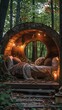 Create a photorealistic rendering of a cozy and inviting reading nook nestled in a lush, green forest