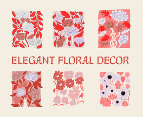 Aufkleber - Set of floral elements: flower and leaves in neutral colors. Wedding poster and invitation template.