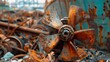 Rusty propeller in discarded pile potential for industrial recycling ecofriendly solutions. Concept Industrial Recycling, Rusty Propeller, Eco-Friendly Solutions, Discarded Pile