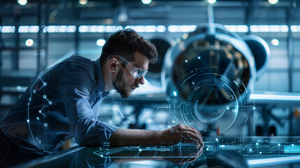 An engineer working on a futuristic airplane design, set against a high-tech backdrop background