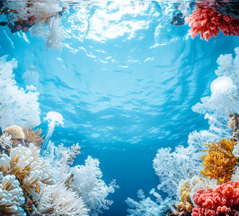 Wall Mural - Beautiful colorful coral reef in tropical sea.nature environmental background.Coral bleaching with climate change concepts.summer and travel activity
