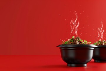 Wall Mural - bowls of food with steam coming out of them on a red background