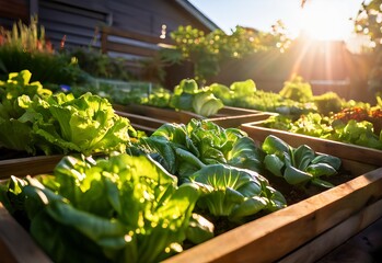 Raised wooden bed in backyard garden