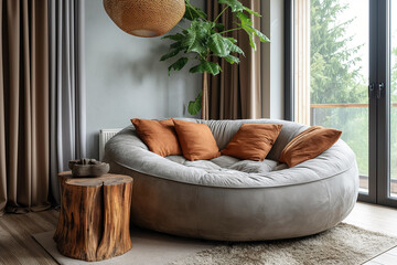 Wall Mural - Rustic round sofa with pillows near window. Interior design of modern scandinavian living room.