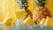 A pineapple chunk dropping into a pool, creating a dynamic water dance, in front of a gentle pastel yellow background
