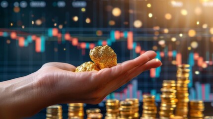 Leinwandbilder - A hand holding a gold nugget against a background of gold coins and bars with a graph illustrating gold price movements, symbolizing wealth and prosperity.