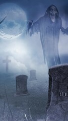 Wall Mural - vertical ghostly dark graveyard in the moonlight 4k features a dark ghostly apparition floating in a