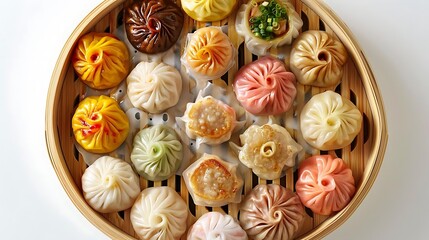 Wall Mural - selection of assorted dim sum on bamboo steamer in a wooden bowl