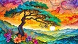Tree against a colorful sunset dreamscape