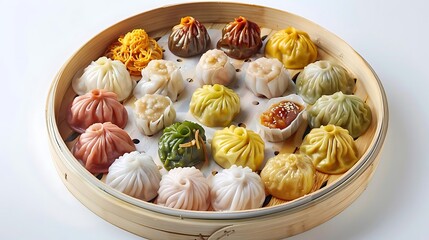 Wall Mural - selection of assorted dim sum on bamboo steamer in a wooden bowl