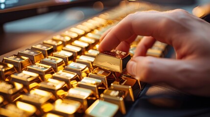 Poster - A hand typing on a keyboard with a gold trading platform on the computer screen, emphasizing the role of technology in gold investments and trading.