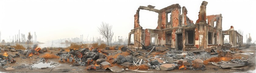 A desolate landscape with a burnt down house in the background