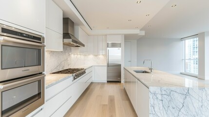 A minimalist kitchen with white cabinets, marble countertops, and stainless steel appliances, showcasing modern design and functionality.