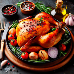 Roasted chicken on wooden board