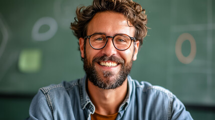 portrait of happy man teacher in school; minimalism