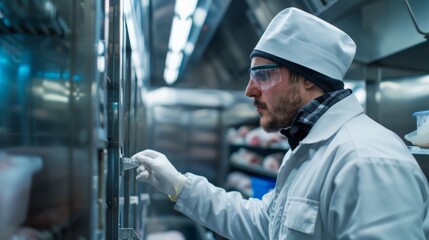 Wall Mural - Technician maintaining refrigeration equipment in a meat freezing room, ensuring consistent cold temperatures for meat storage.