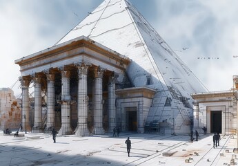 Poster - Wireframe rendering of an ancient building in the classical style