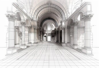 Poster - Wireframe rendering of an ancient building in the classical style
