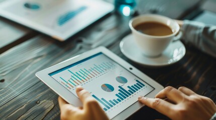 Leinwandbilder - A person analyzing business graphs and charts on a tablet with a cup of coffee on the side, reflecting focus and determination in financial analysis.