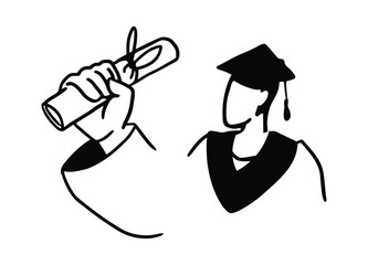 Student's hand with a diploma. A scroll tied with a ribbon. Certificate of academic achievement. Flat vector illustration in cartoon style. Graduate in ceremonial clothes. Celebrating completion.