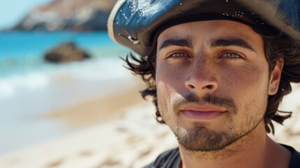 Wall Mural -   A tight shot of a man donning a helmet on a sandy beach against a backdrop of a clear blue sky and expansive ocean