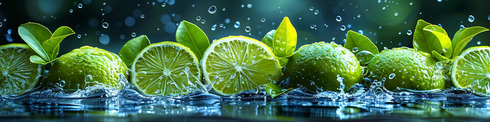 wide panoramic fruit juice cafe background photo with real set of lime pieces exploding with water s