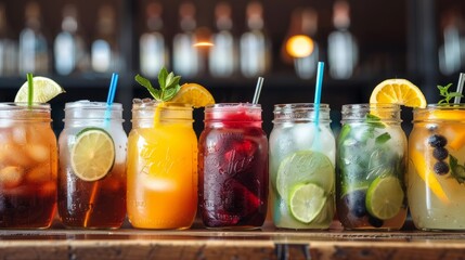 Wall Mural - Assortment of fresh drinks in cans on the table