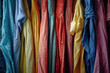 A vibrant collection of long-sleeve shirts hung neatly in a row, showcasing a spectrum of rainbow colors
