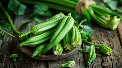 Fresh green okra on rustic wooden table