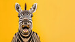 A joyful zebra opens its mouth as if laughing, set against a vibrant yellow backdrop, providing a striking and cheerful image