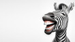 A photorealistic depiction of a zebra with an amusing expression, seemingly laughing on a plain white backdrop