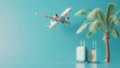 Conceptual image of air travel with an airplane flying over two rolling suitcases and a tropical palm