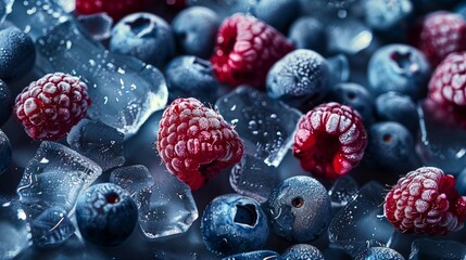 Canvas Print - frozen blueberries and raspberries with ice cubes background