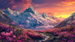 Majestic snowy peaks towering over a valley of blooming flowers bathed in golden light at sunset