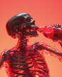 A vivid, surreal image of a glossy skeleton drinking from a red bottle with liquid splash