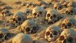 A haunting image of numerous skulls half-buried in desert sand, evoking a sense of mortality and history