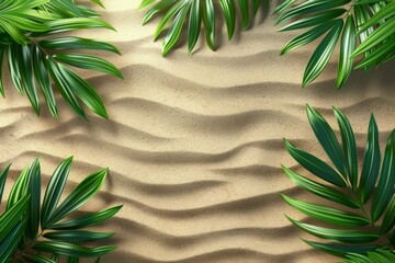 Sticker -  Summer background with sand and  green palm leaves. Beach texture. Copy space. Top view