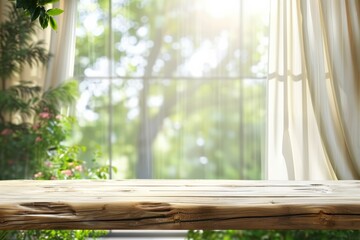 Poster - Empty of wood table top on blur of curtain with window view green from tree garden background.For montage product display 