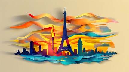 Wall Mural - an Olympic torch in Paris, city skyline, abstract digital painting