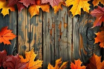 Wall Mural -  wooden background with autumn maple leaves