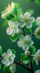 Canvas Print - Green background. Branch with hawthorn flowers. Green leaves. Spring. 