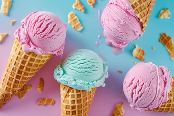 Canvas Print - Pastel ice cream in waffle cones, bright background, copy space 